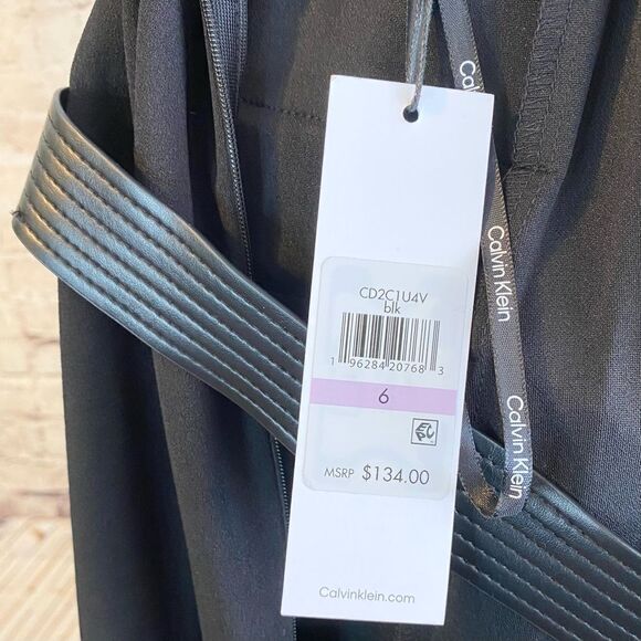 Calvin Klein Fit and Flare Black Midi Dress Leather Belt Cap Sleeves Women’s 6 - Picture 6 of 7